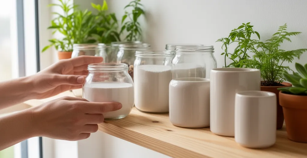 Bocaux et contenants esthétiques sur étagère en bois, ambiance bien-être naturel
