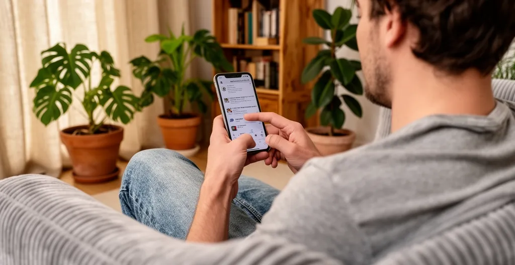 Personne consultant son téléphone dans un environnement détendu, recherche d'information