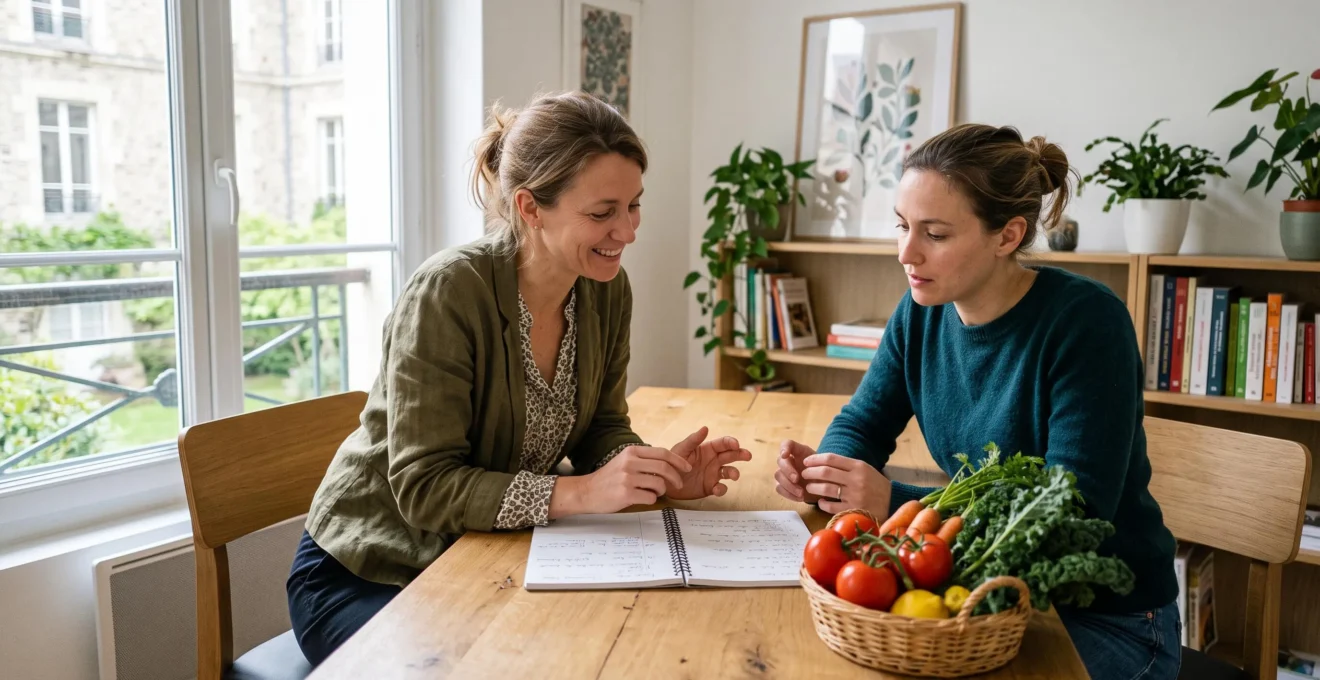 Une nutritionniste et sa patiente consultent ensemble un journal alimentaire et des légumes frais lors d'une consultation dans un cabinet