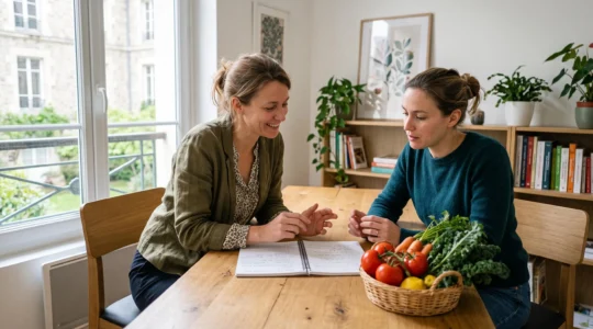 Une nutritionniste et sa patiente consultent ensemble un journal alimentaire et des légumes frais lors d'une consultation dans un cabinet