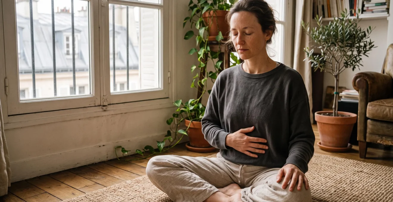 Femme assise en tailleur près d'une fenêtre, yeux fermés, une main posée sur son abdomen, pratiquant un exercice de respiration consciente