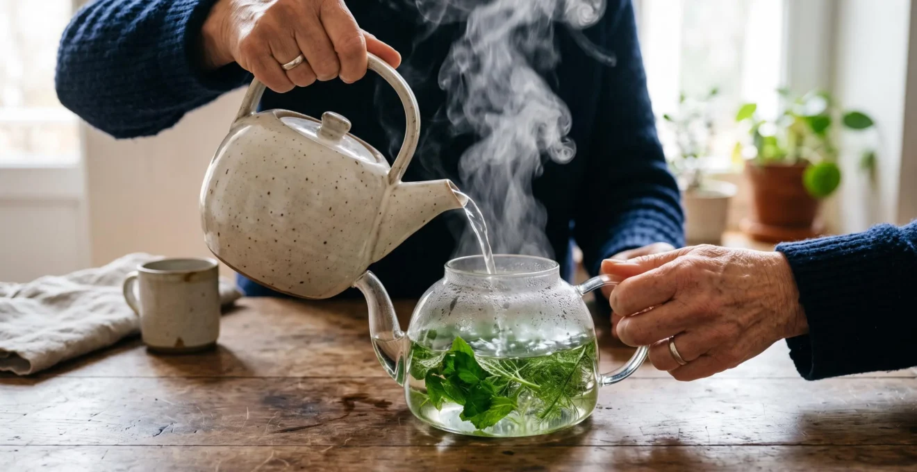 Mains versant de l'eau chaude d'une bouilloire dans une théière transparente contenant de la menthe poivrée et du fenouil frais