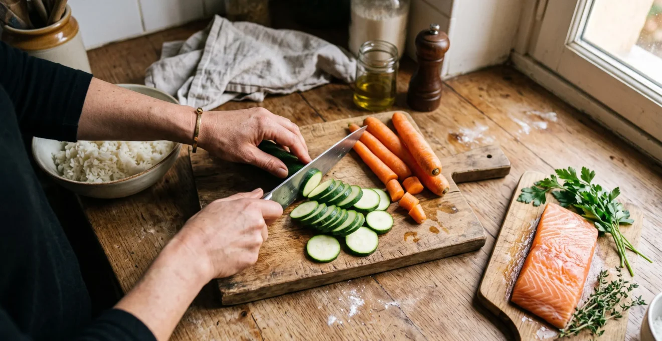 Vue de dessus de mains découpant des courgettes et carottes fraîches à côté de riz et saumon sur un plan de travail de cuisine